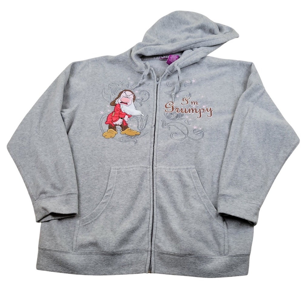 VTG 90s Disney Grumpy Zip Up Hoodie Women 2X Gray Fleece Snow White Seven Dwarfs